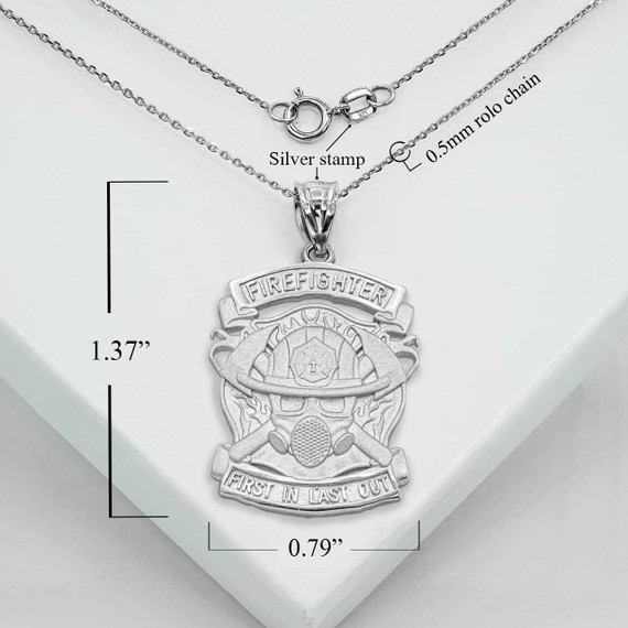Silver Firefighter Logo "First In Last Out" Pendant Necklace With Measurements