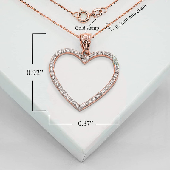 Rose Gold Heart Outline Shape with Diamonds Pendant Necklace With Measurements