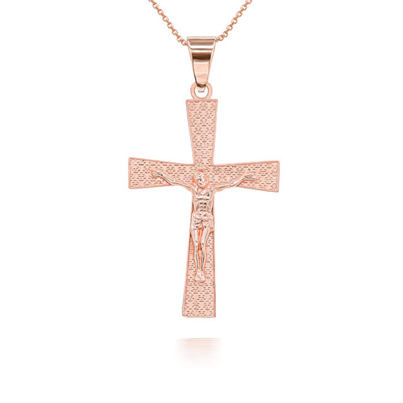 Rose Gold Patterned Crucifix Cross Pendant Necklace