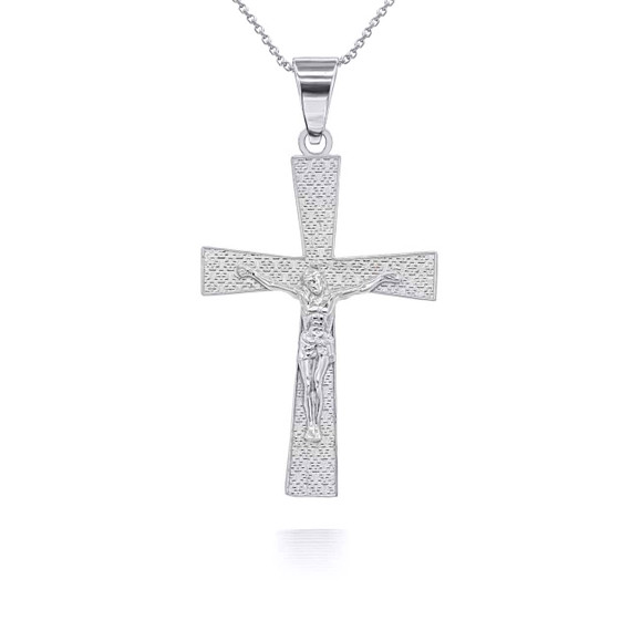 Silver Patterned Crucifix Cross Pendant Necklace