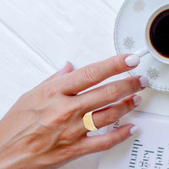 Gold Octagon Shaped Signet Ring on Female model