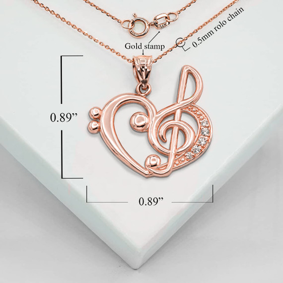 Rose Gold Music Heart Treble Clef Pendant Necklace With Measurements