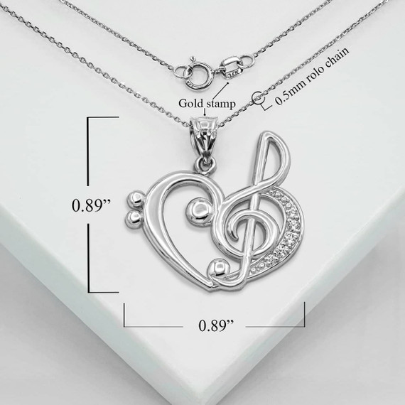 White Gold Music Heart Treble Clef Pendant Necklace With Measurements