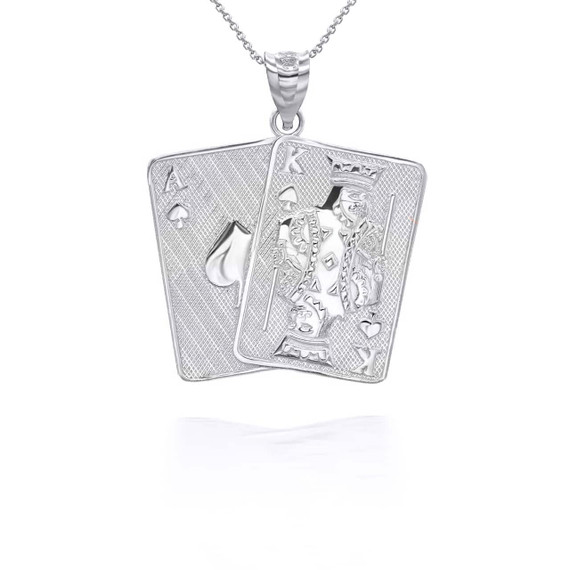 White Gold Hammered Ace and King of Spades Blackjack Poker Playing Cards Pendant Necklace
