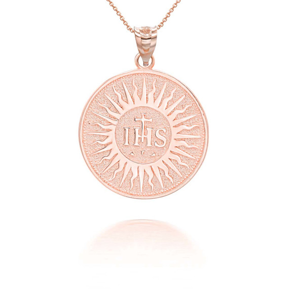 Rose Gold IHS Symbol Holy Name of Jesus Coin Pendant Necklace