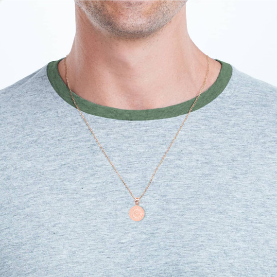 Rose Gold IHS Symbol Holy Name of Jesus Pendant Necklace On Male Model
