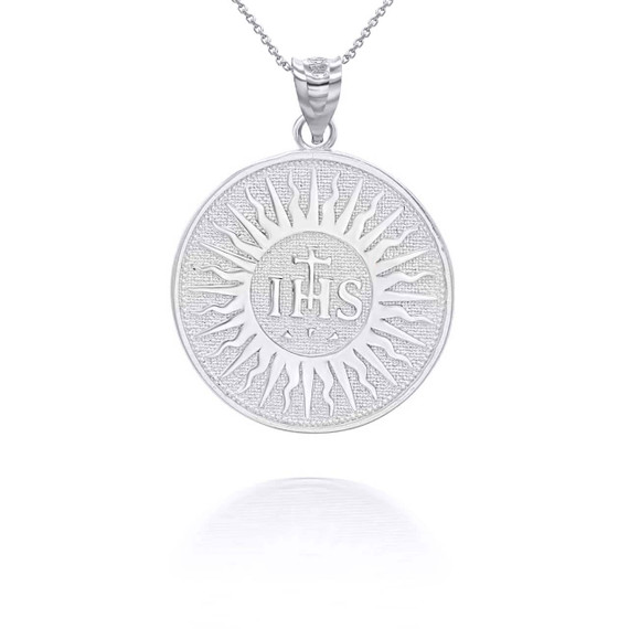 White Gold IHS Symbol Holy Name of Jesus Pendant Necklace