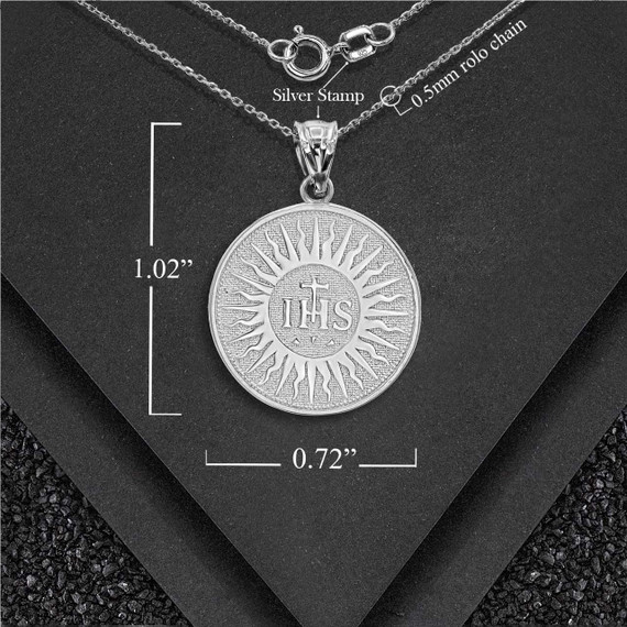 Silver IHS Symbol Holy Name of Jesus  Pendant Necklace With Measurements