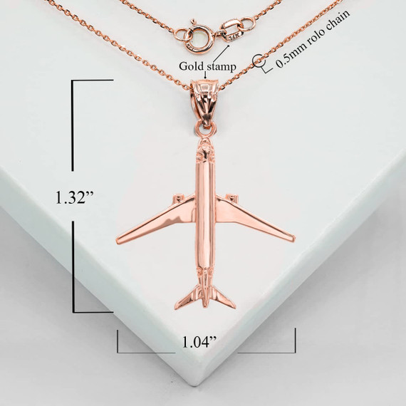 Rose Gold Airplane Travel Charm Pendant Necklace With Measurements