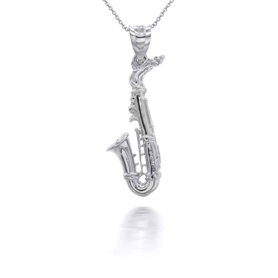 White Gold 3D Saxophone Musical Instrument Pendant Necklace