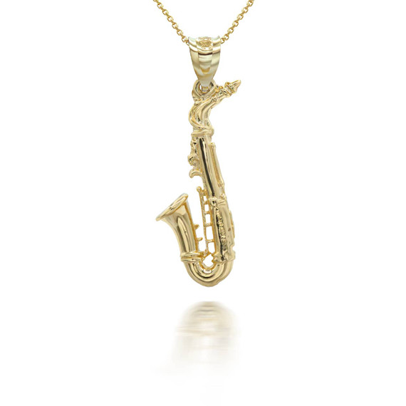Yellow Gold 3D Saxophone Musical Instrument Pendant Necklace