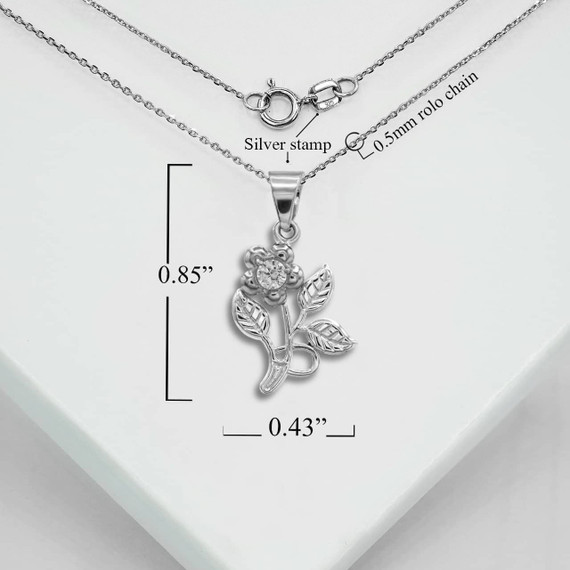 Cute Silver Small Rose Pendant Necklace With Measurements