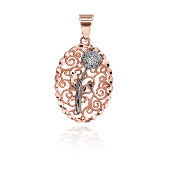 Two-tone Sparkle Cut Filigree CZ Rose Pendant