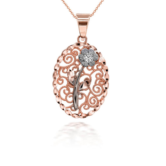 Two-tone Sparkle Cut Filigree CZ Rose Pendant Necklace