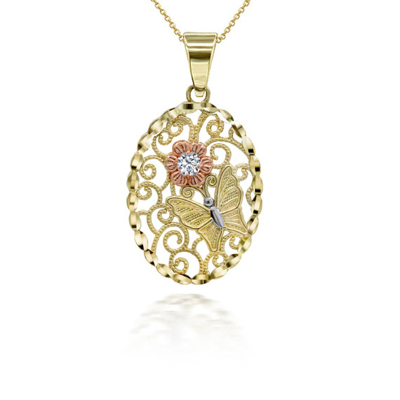 Tri-tone Sparkle Cut Rose Butterfly Pendant Necklace