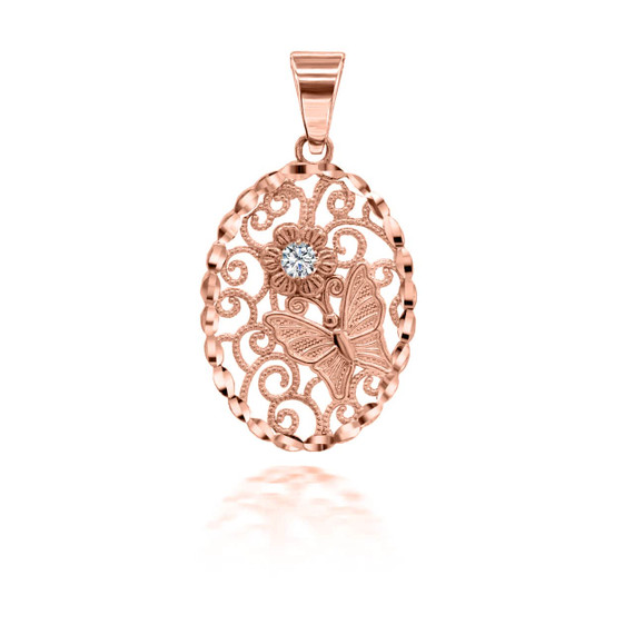 Rose Gold Sparkle Cut Rose Butterfly Pendant