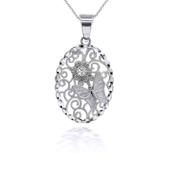 White Gold Sparkle Cut Rose Butterfly Pendant Necklace