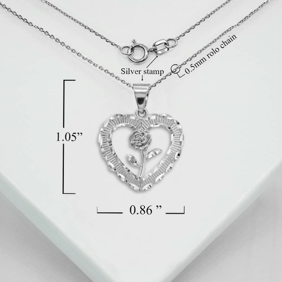 .925 Sterling Silver Diamond Cut Heart Rose Flower Pendant Necklace With Measurements