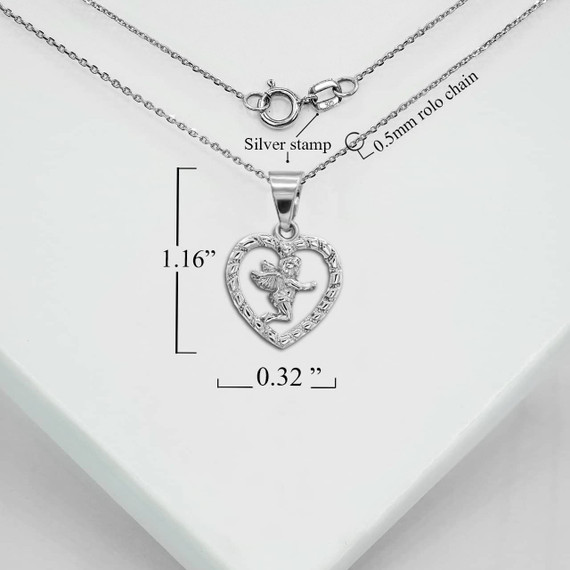 Silver Angel Heart Pendant Necklace With Measurements