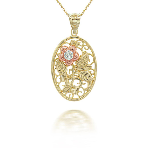 Two-tone Oval Filigree Rose Pendant Necklace