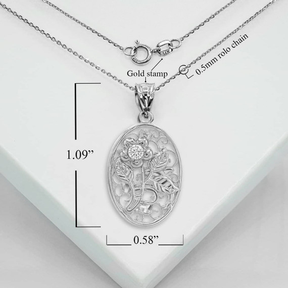 White Gold Filigree Rose Pendant Necklace With Measurements