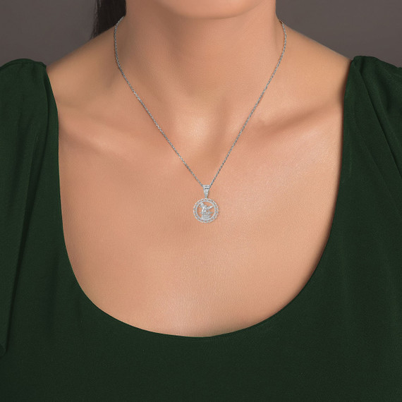 .925 Sterling Silver Patron Saint Michael Archangel Round Pendant Necklace On Model