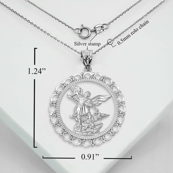 .925 Sterling Silver Patron Saint Michael Archangel Round Pendant Necklace With Measurements