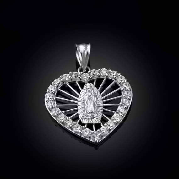 White Gold Our Lady of Guadalupe CZ Heart Openwork Pendant