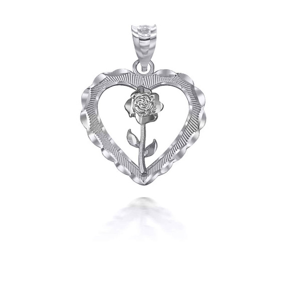 .925 Sterling Silver Diamond Cut Heart Flower Rose Pendant