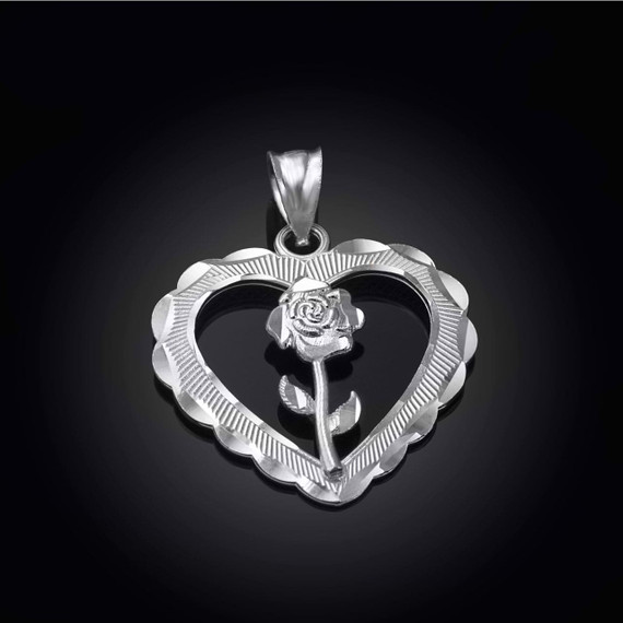 Silver Heart Rose Pendant