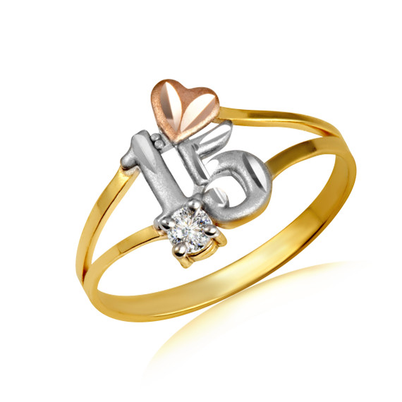 Gold Woman's 15 Años Quinceanera Elegant Heart Ring with Cubic Zirconia