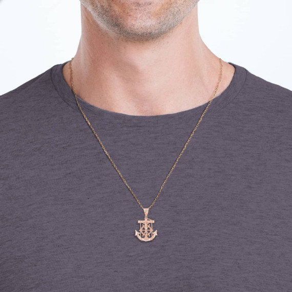 Rose Gold Jesus Mariner Pendant Necklace On Model