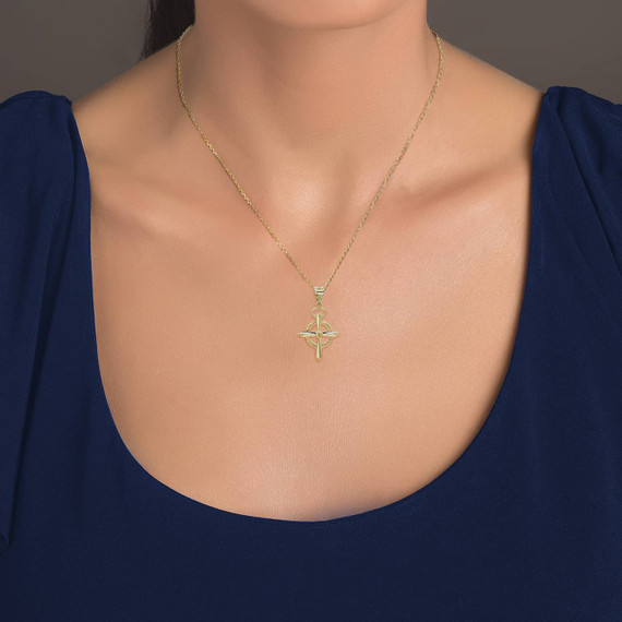 Gold Halo Cross Pendant Necklace On Model