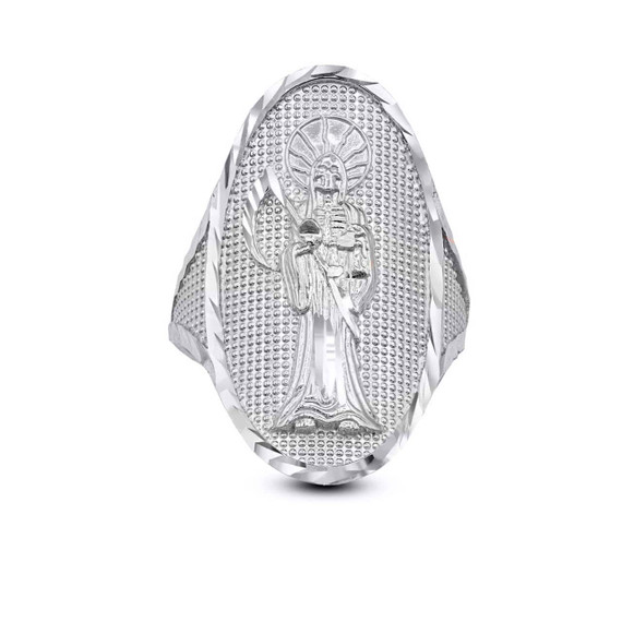 Silver Hammered Santa Muerte Patron Saint of Death and Protection Oval Ring