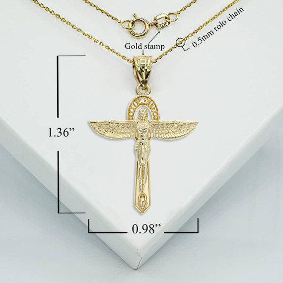 Gold Ancient Egyptian Goddess Isis Ankh Necklace with measurement