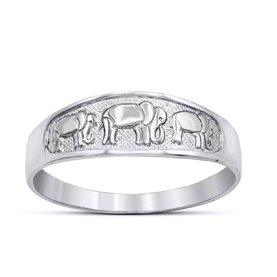 White Gold Hammered Good Luck Elephants Ring