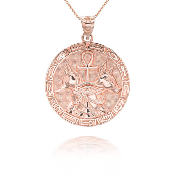 Rose Gold Egyptian Anubis Ankh Cross Eye of Horus Wadjet Hieroglyphics Amulet Pendant Necklace