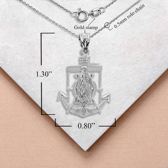 White Gold Saint Mary Mariner Pendant Necklace with measurement