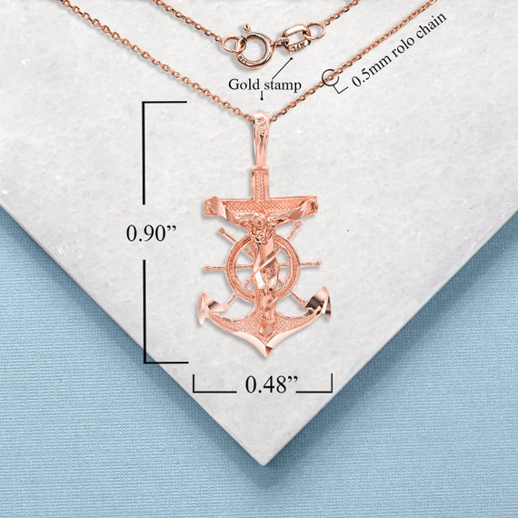 Rose Gold Mini Jesus Mariner Crucifix Pendant Necklace With Measurement