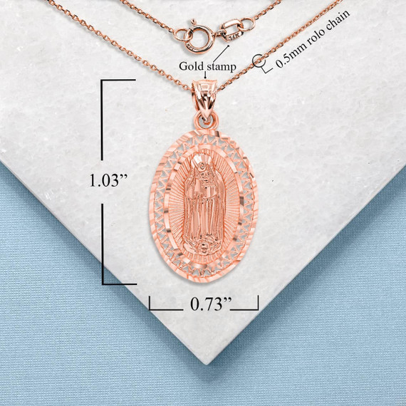 Rose Gold Religious Our Lady of Guadalupe Openwork Pendant Necklace with Measurement