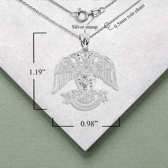 Silver Scottish Rite Double Headed Eagle Pendant Necklace with Measurement