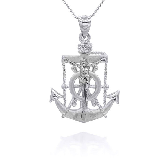 White Gold Jesus Mariner Pendant Necklace