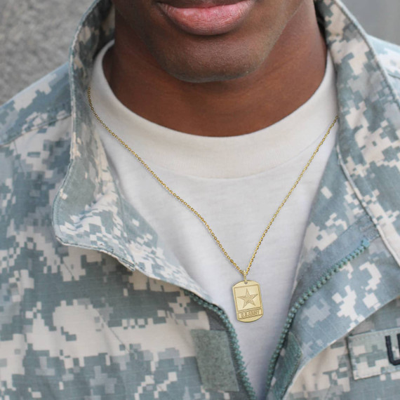 Gold U.S. Army Personalized Dog Tag Pendant Necklace on a Model