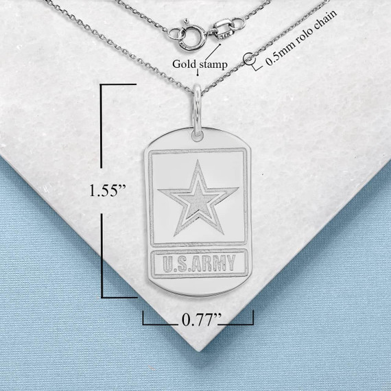 White Gold U.S. Army Personalized Dog Tag Pendant Necklace with Measurement