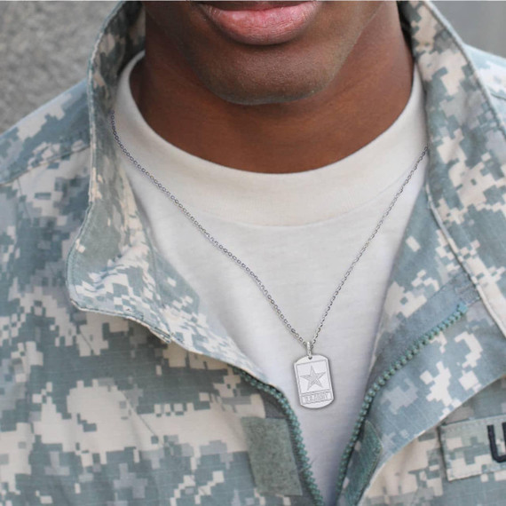 White Gold U.S. Army Personalized Dog Tag Pendant Necklace on a Model