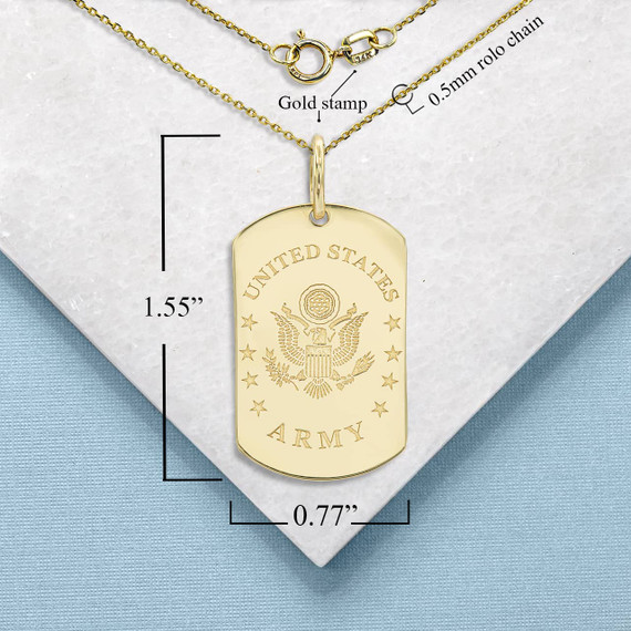 Yellow Gold United States Army Personalized Dog Tag Pendant Necklace with Measurement