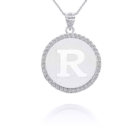 White Gold Personalized Initial “R” with Diamonds Pendant Necklace
