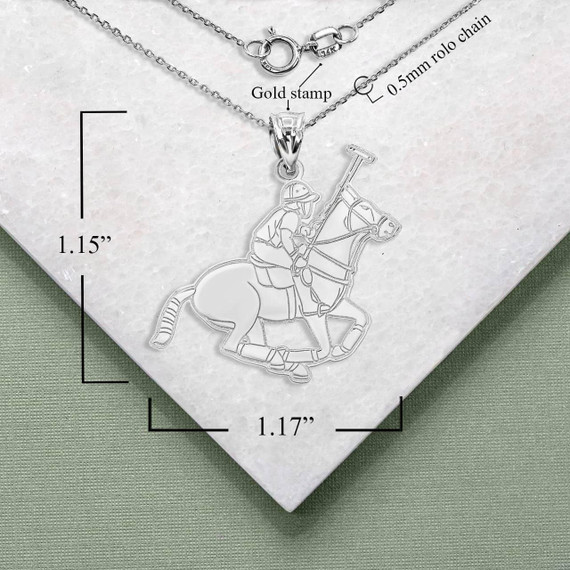 White Gold Personalized Polo Sport Horse Riding Jockey Reversible Pendant Necklace with Measurement