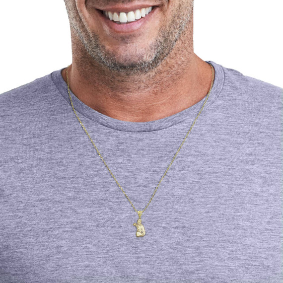 Yellow Gold Personalized Boxer Pendant Necklace on a Model 