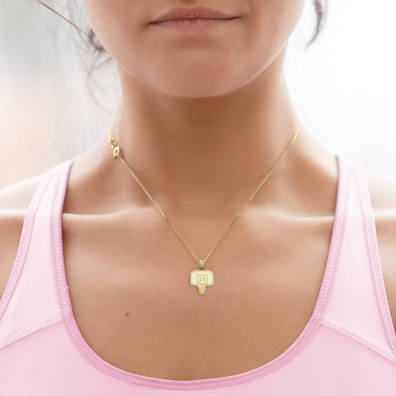 Yellow Gold Personalized Basketball Hoop Pendant Necklace on a Female Model 